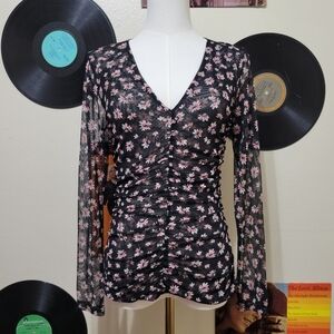 INC | Y2K Black Mesh Flower Long Sleeve